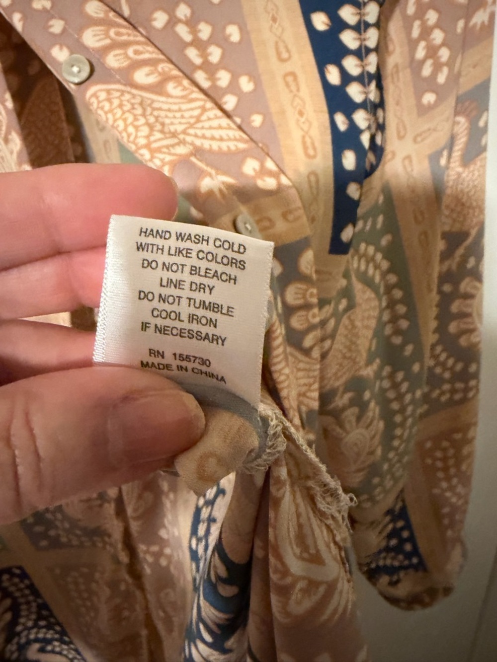 Rose & Olive Paisley Patchwork Button-Down in Tan, Navy, and Sage - Picture 6 of 6